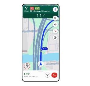 Smartphone-Screenshot: Autobahnroute mit Geschwindigkeitsbegrenzung und Ausfahrt-Ankündigung