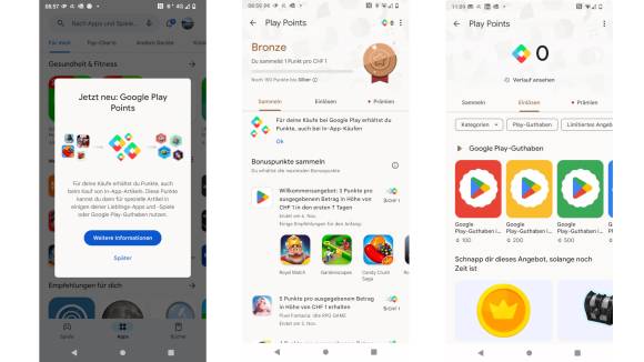 Drei Smartphone-Screenshots zeigen Google Play Points im Play Store 