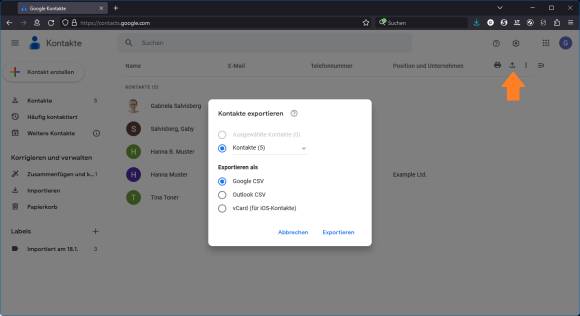Die Google-Kontakte werden exportiert 