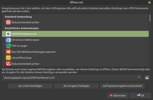 Screenshot zeigt, wie das Script in die Öffnen-mit-Liste von PDF-Dateien aufgenommen wird