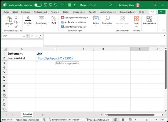 Ein Hyperlink in Excel, über dem ein kleiner Info-Text erscheint 