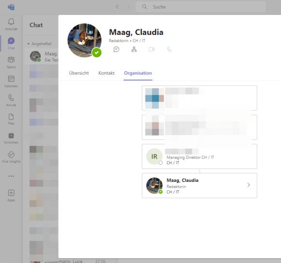 Organigramm eines Kontaktes in Teams 