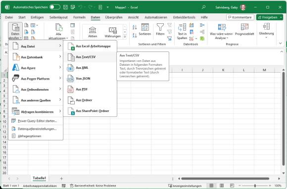 In Excel ist das Menü zum Importieren einer CSV-Datei geöffnet