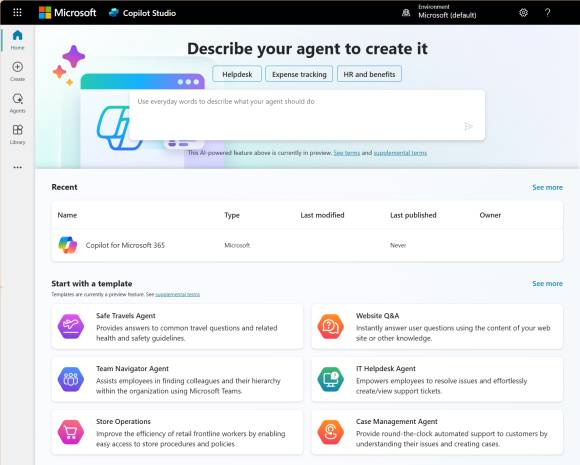 So sieht das Copilot Studio von Microsoft aus, einem grafischen Low-Code-Tool zum Erstellen von KI-Agenten.
