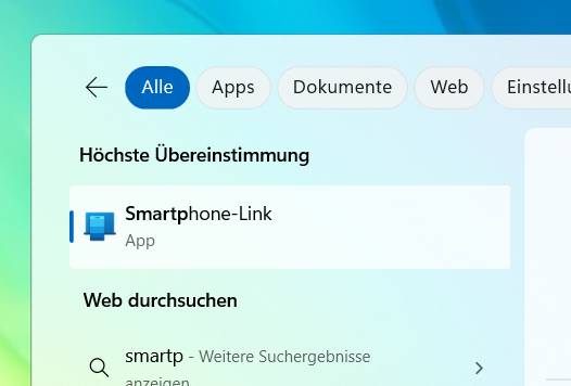 Bild 2: Smartphone-Link ist meist in Windows vorinstalliert. Suchen Sie einfach danach