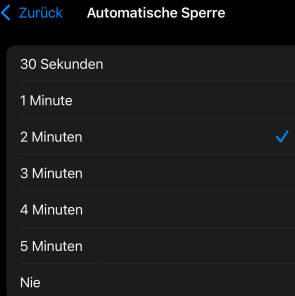Bild 5: Zwei Minuten sind bei der automatischen Sperre für die meisten Alltagssituationen ideal
